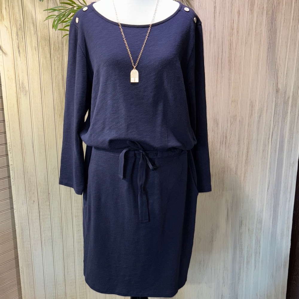 Spartina 449 Navy Long Sleeve Dress, Drawstring Waist, Pockets, Medium, NWOT